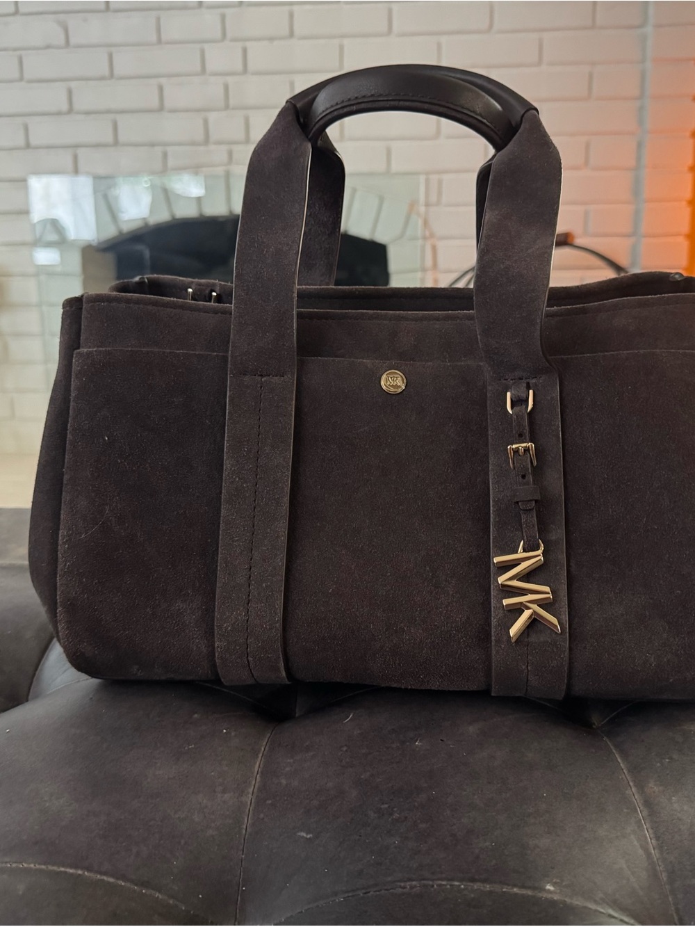 Michael Kors Mocha / Brown Suede Duffel with Gold MK Charm